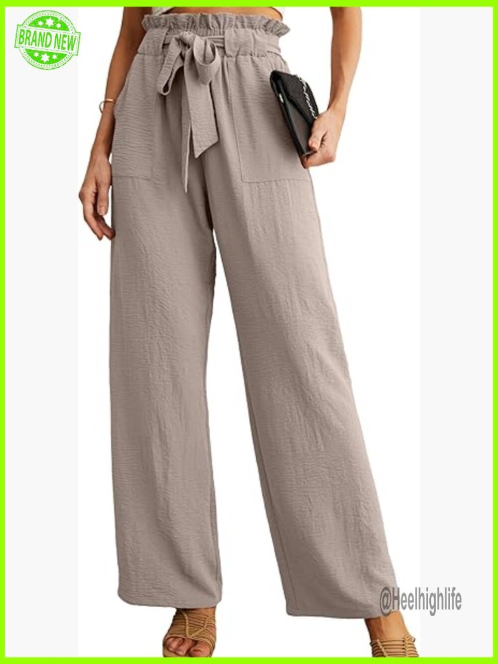 High Waist Wide Leg Pants with Pockets Adjustable Knot Casual Trousers